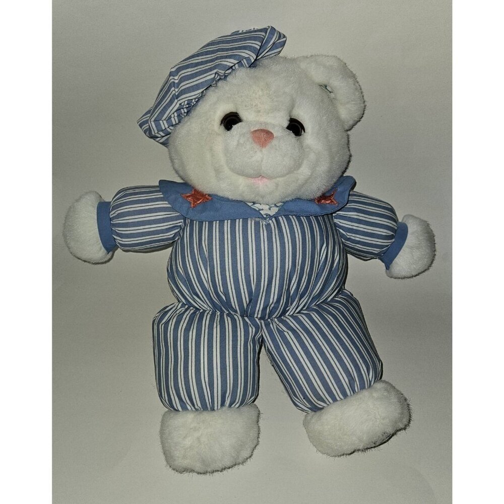 VTG Fairview Industrial White Teddy Bear Plush 19" Blue Striped Outfit K-mart